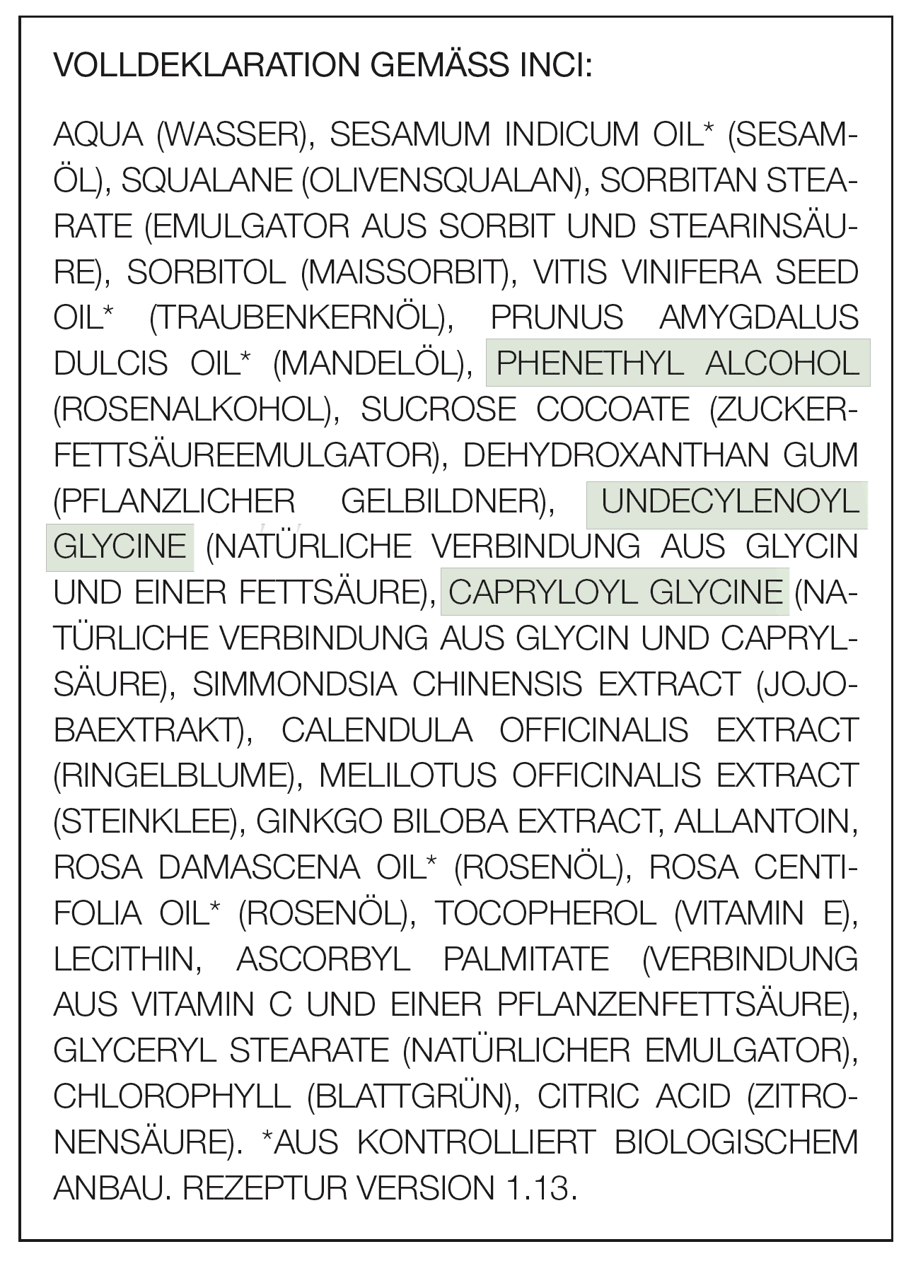 Volldeklaration der INCI der »Sanften Reinigungsmilch« von Ringana, 2012